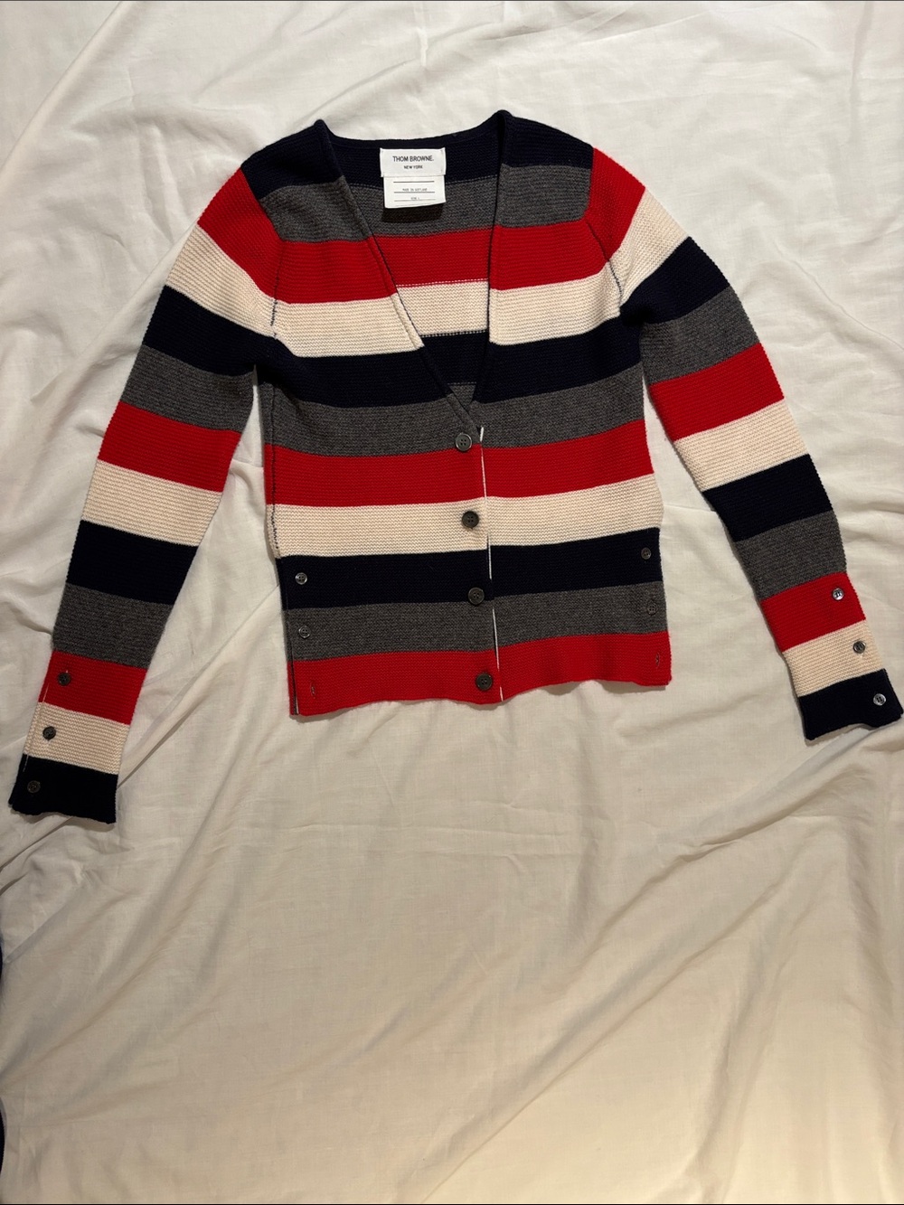 Thom Browne Red Navy Cream Striped Button Cashmere Cardigan